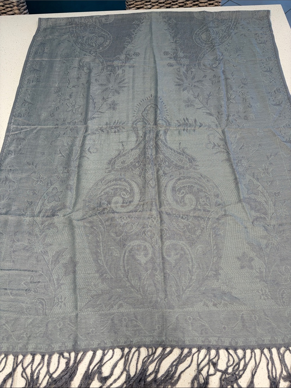 Elegant Paisley Fringe Cashmere Shawl in Slate Gray